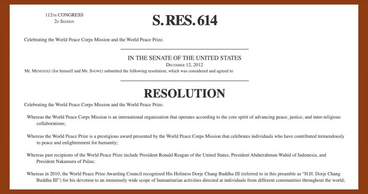US Congress H.RES.614, World Peace Corps Mission, World Peace Prize, HH Dorje Chang Buddha III, His Holiness Dorje Chang Buddha III, Wan Ko Yee, Yi Yungao